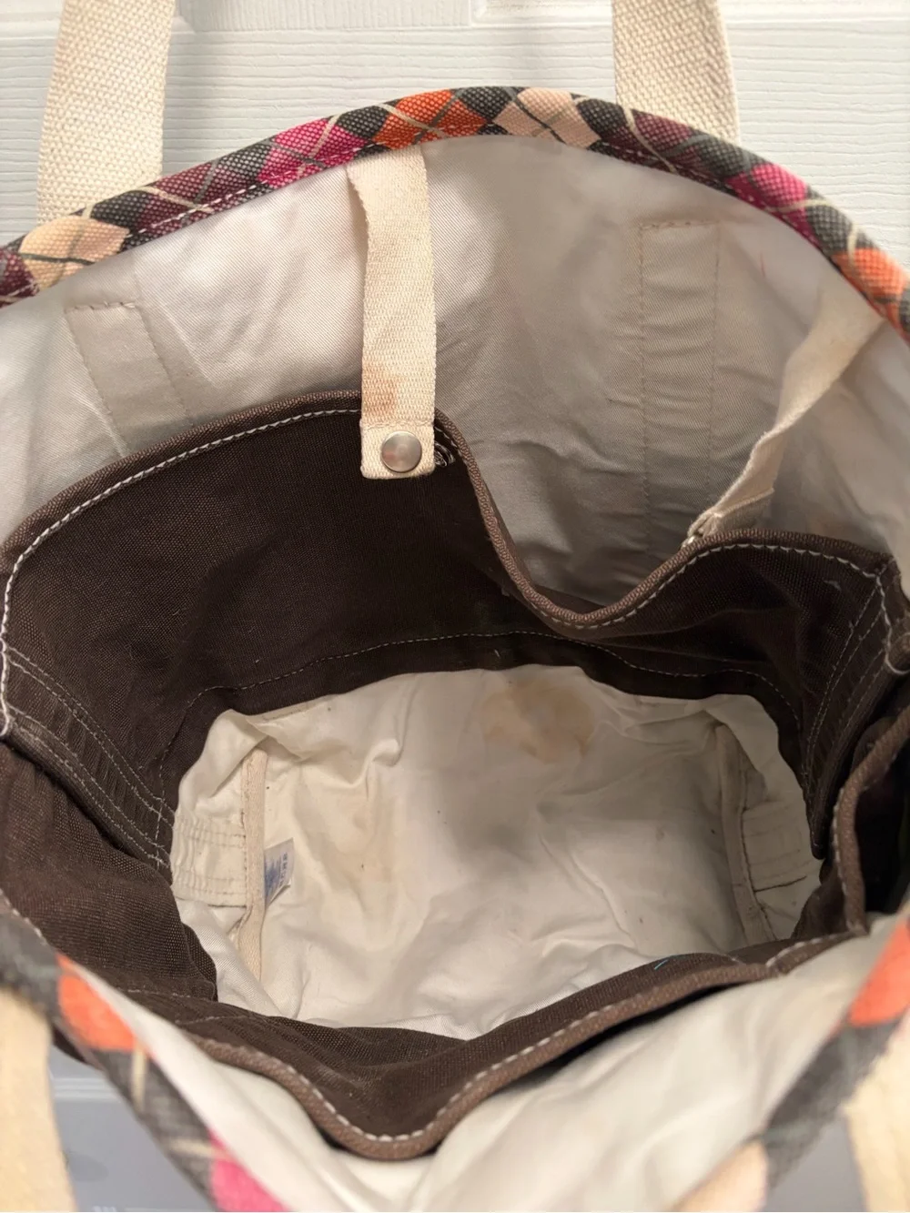 Lands’ End Medium Canvas Argyle Tote Bag Brown Multicolor